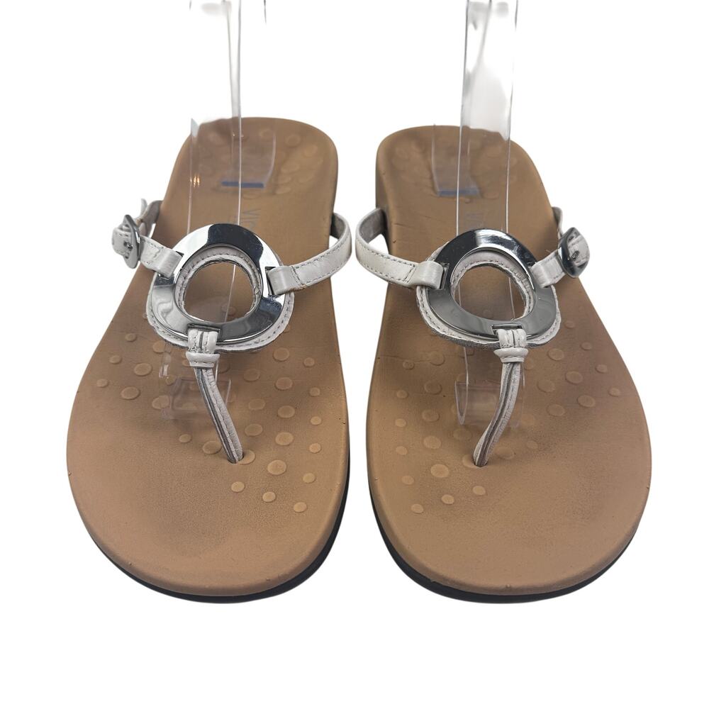Vionic Karina White Leather Silver Metal Ring Comfort Ortho Sandals Women's 10